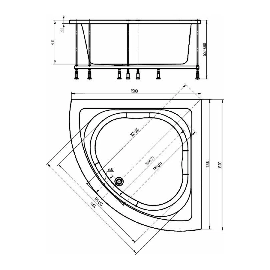 Ванна акриловая Aquatek Юпитер без гидромассажа вклеенный каркас UPT150-0000026 150х150 см