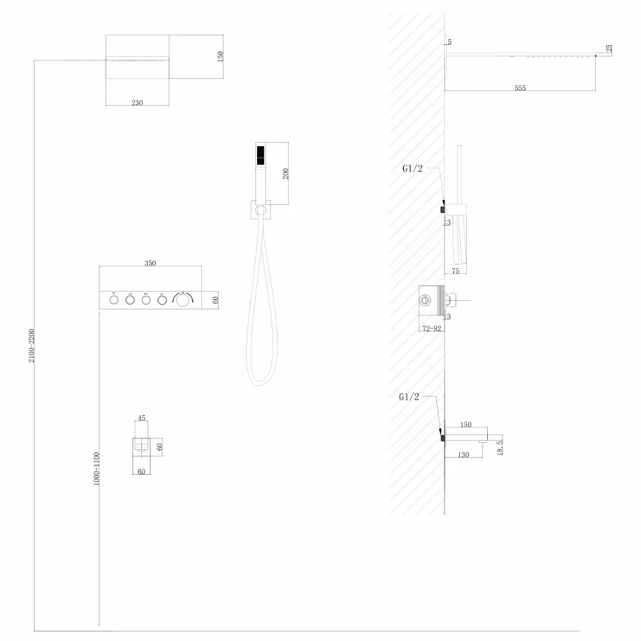 Душевая система Abber Rund скрытого монтажа с изливом термостат хром AF8753
