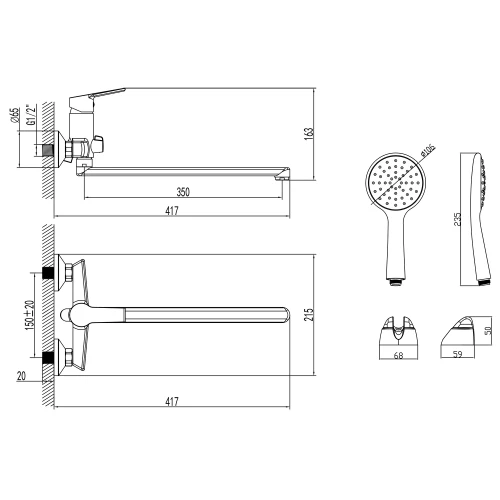 Смеситель для ванны Azario с ручным душем длинный излив керамический картридж хром AZ-HU245907