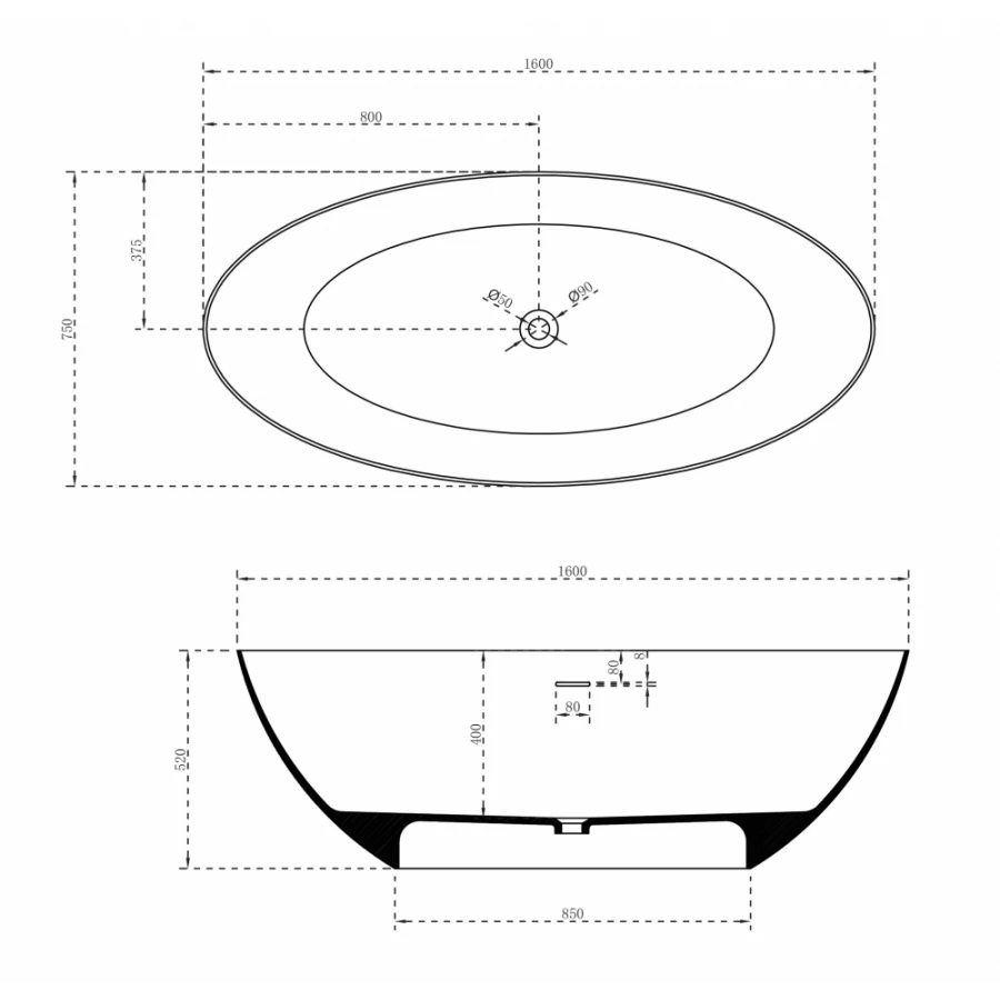 Ванна из искусственного камня Abber Stein белая матовая AS9625-1.6 160х75 см