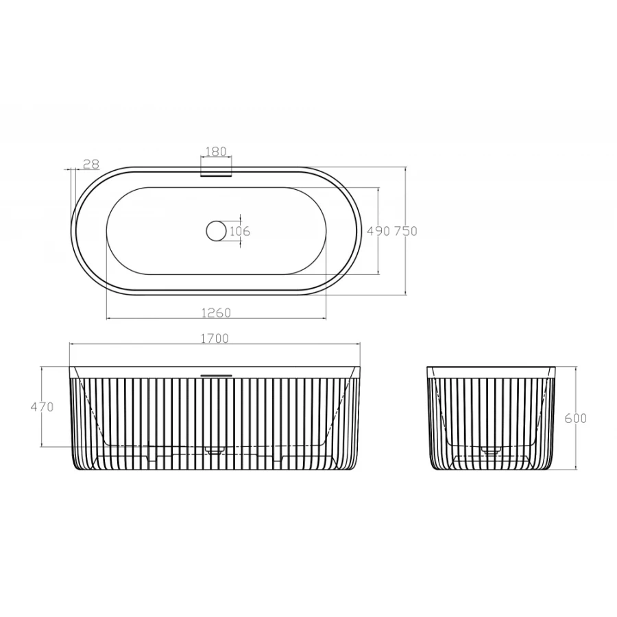 Ванна из искусственного камня Abber Stuttgart черная матовая AM9925B 170х75 см