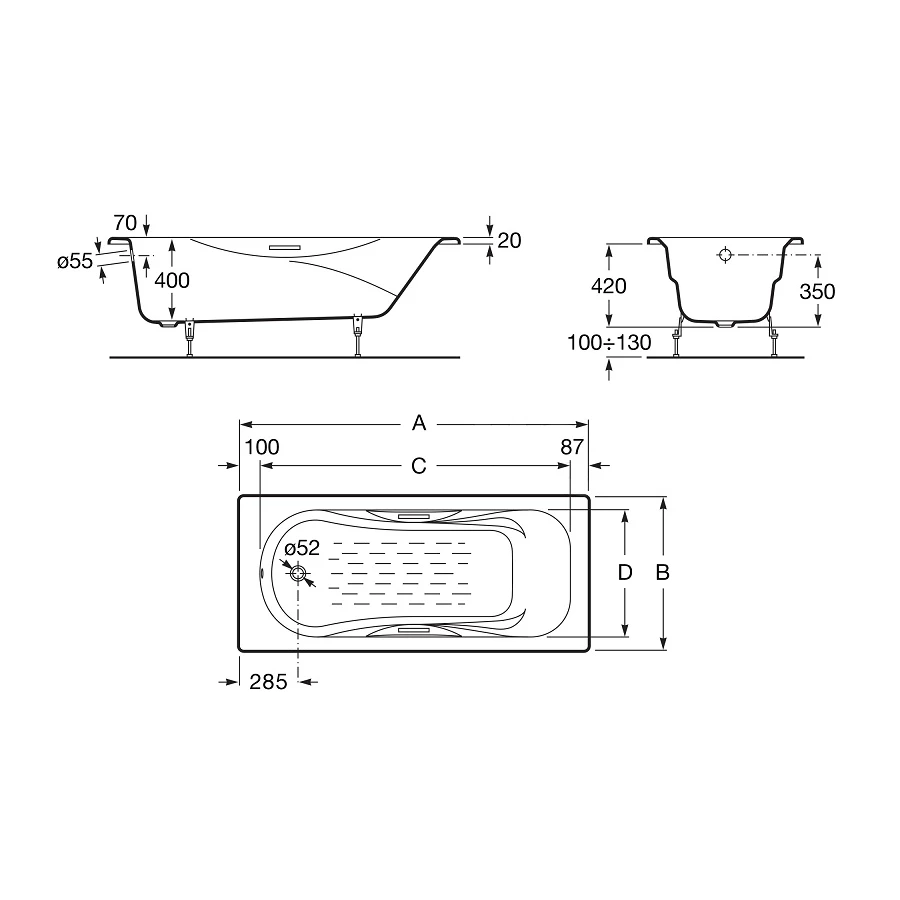 Ванна чугунная Roca Malibu противоскользящее покрытие 7.2309.6.000.0 170х75