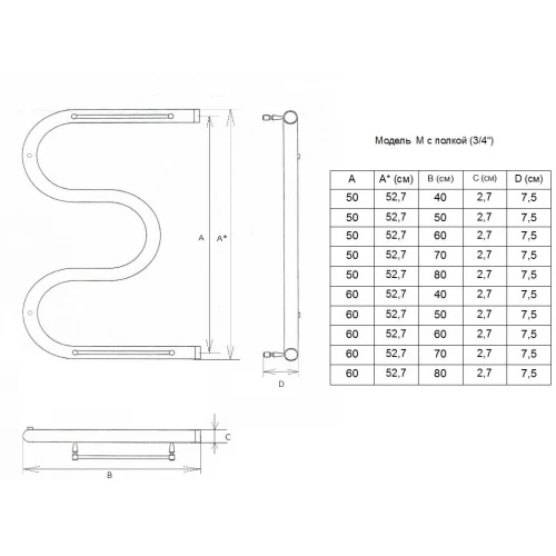 Полотенцесушитель Двин M 60/60 3/4" С полкой Водяной К0 Полированный
