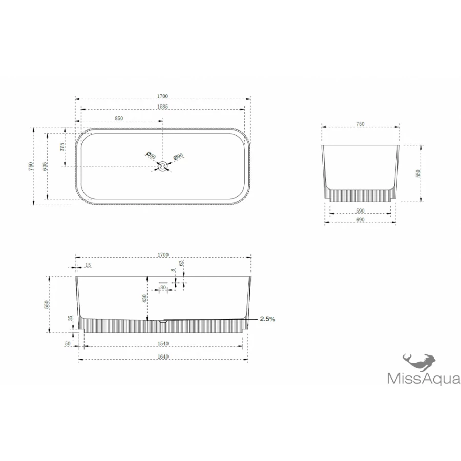 Ванна из искусственного камня Abber Stein AS9663 170х75 см
