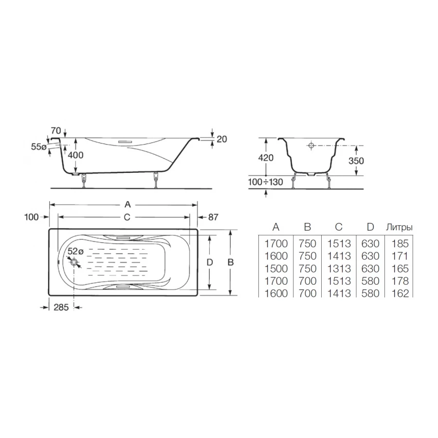 Ванна чугунная Roca Malibu противоскользящее покрытие 7.2309.G.000.R 170х75 см