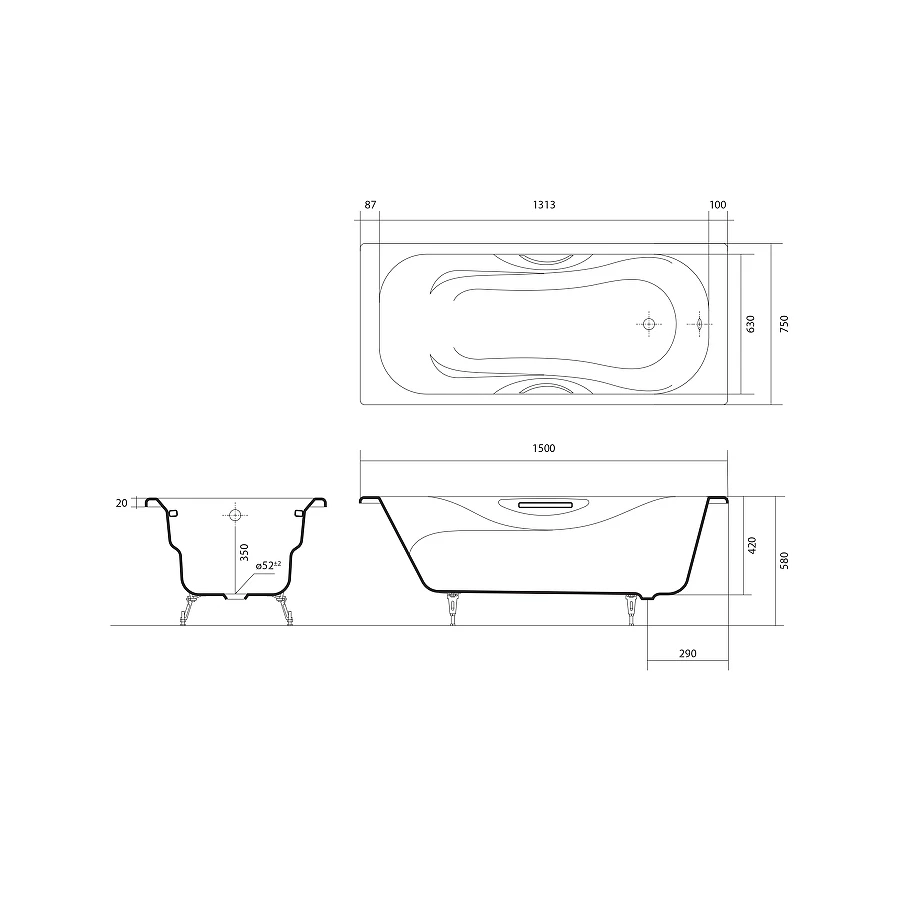 Ванна чугунная Aquatek Гамма эмалированная в комплекте с ножками и ручками AQ8050FH-00 150x75 см