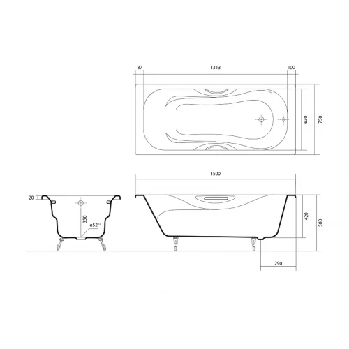 Ванна чугунная Aquatek Гамма эмалированная в комплекте с ножками и ручками AQ8050FH-00 150x75 см