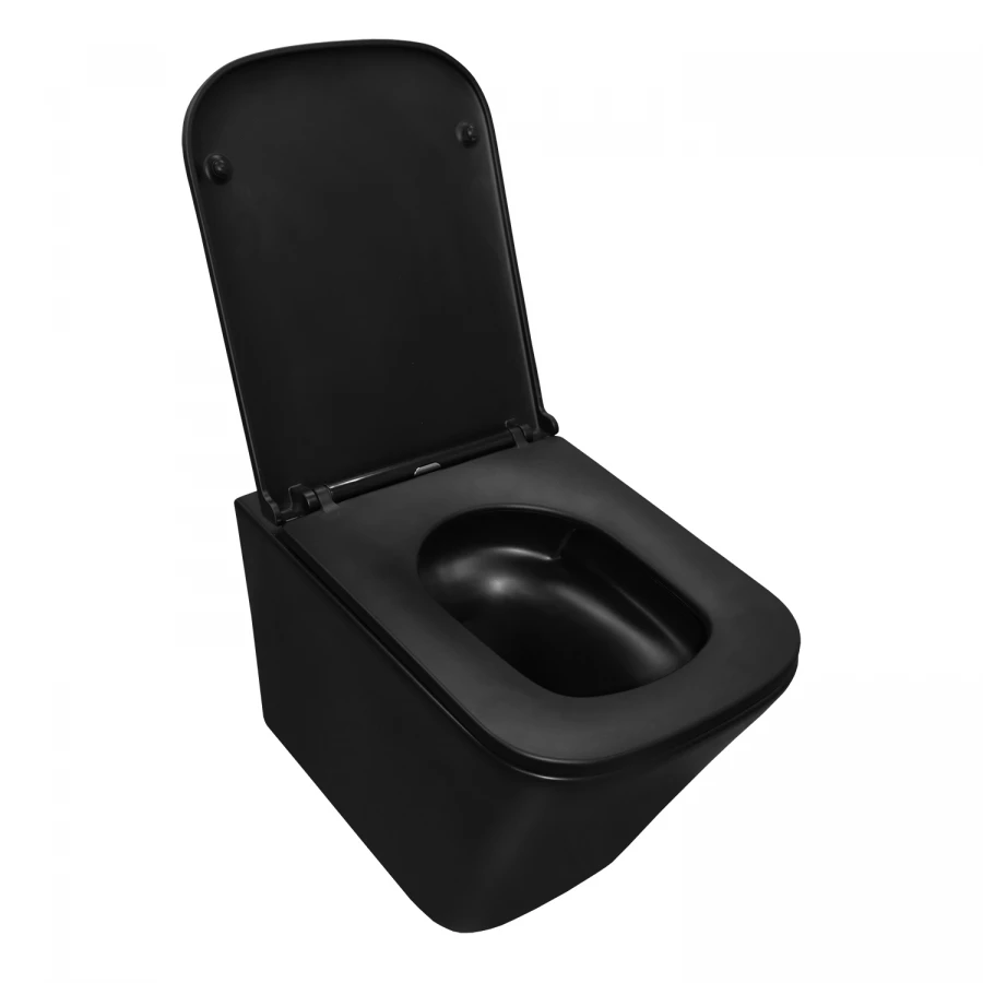 Унитаз подвесной Azario Teramo квадратный безободковый с системой антивсплеск торнадо сиденье микролифт черный матовый AZ-0052-UQ1MB 49х34.5х35.5 см