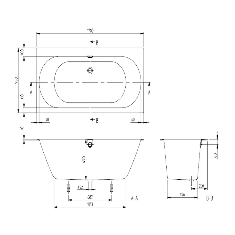 Ванна Villeroy&Boch Oberon 2.0 Quaryl® слив/перелив ножки UBQ170OBR2DV-01 170х75 см