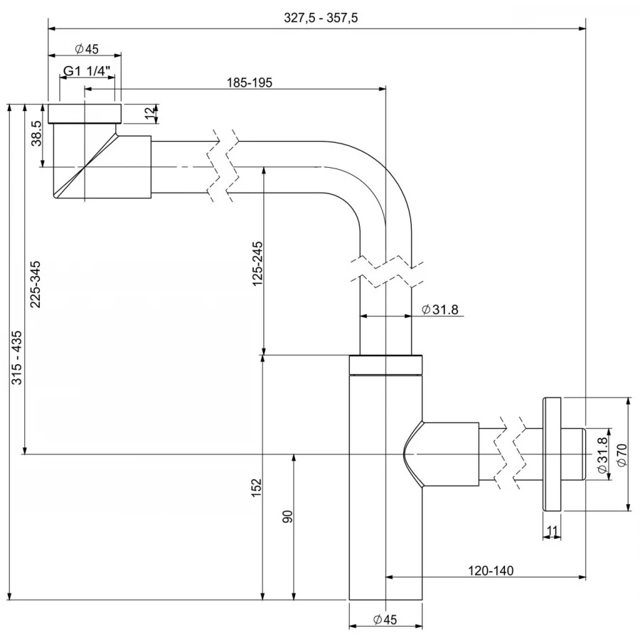 Металлический сифон для раковины Wellsee Drainage System 182125000, цвет черный матовый