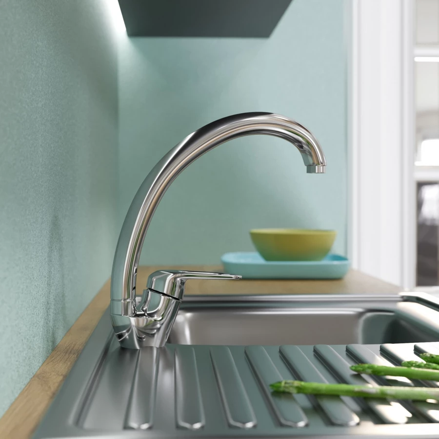 Смеситель для кухни MixLine ML05-032 высокий излив боковая ручка 522129 хром сатин