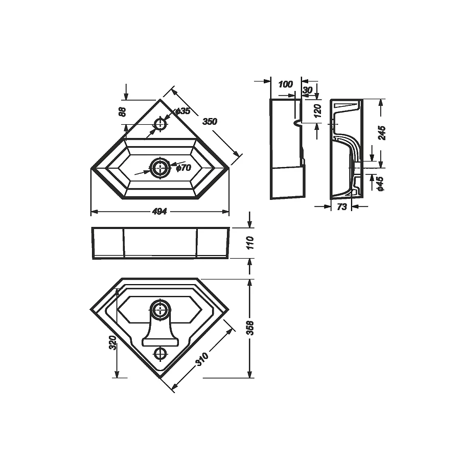Раковина-чаша Sanita Luxe Line 49 угловая Белая LIN35SLWB01