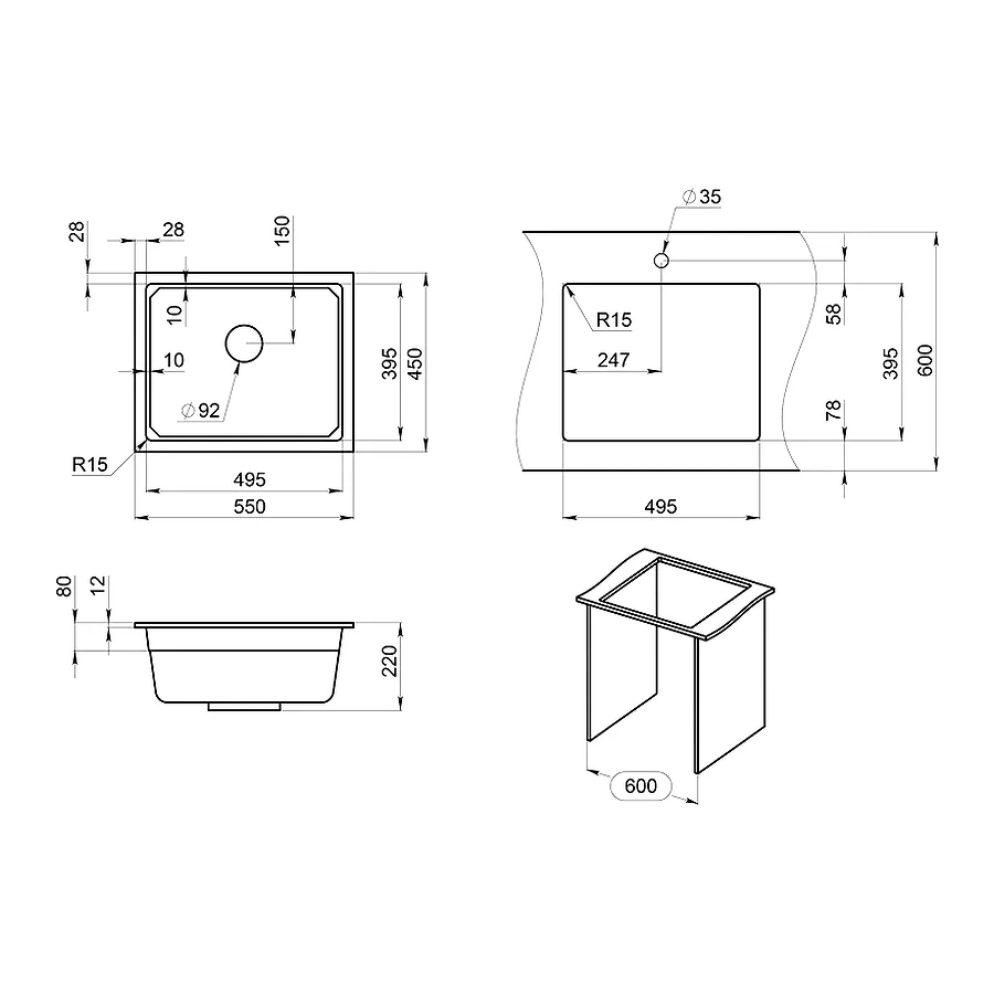 Кухонная мойка Granula Kitchen Space 5501U, ШВАРЦ 55х45 см