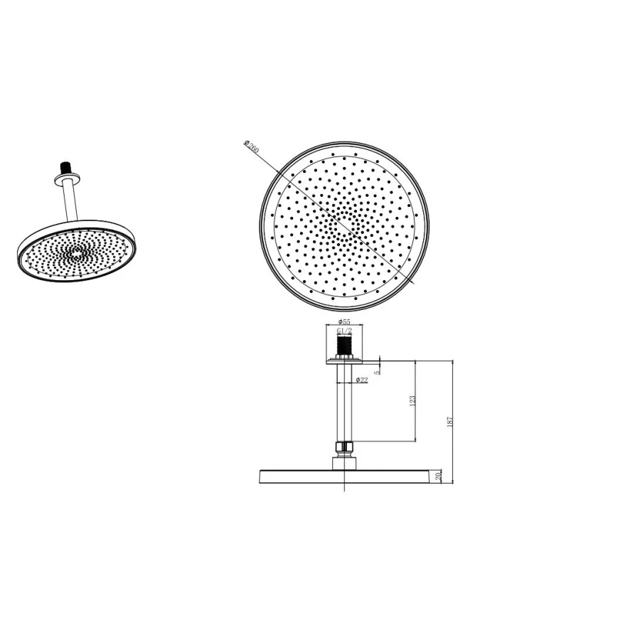 Верхний душ потолочный Aquatek матовый черный AQ2070MB 260 мм