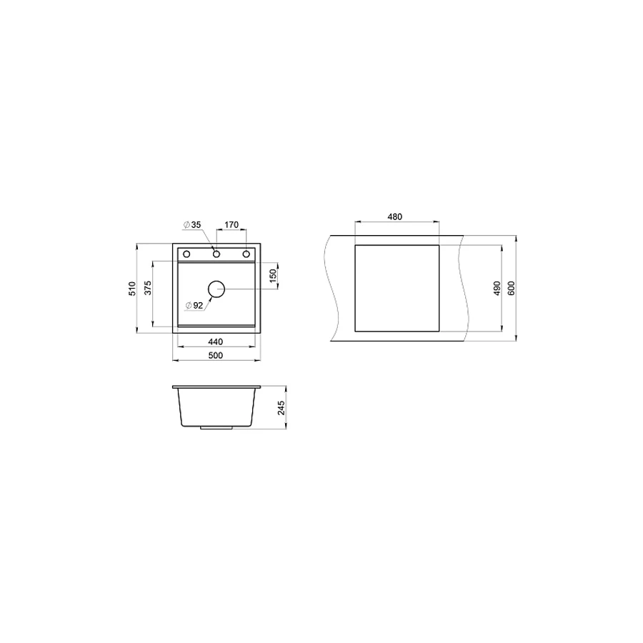Кухонная мойка Granula Kitchen Space 5002, АЛЮМИНИУМ 51х50 см