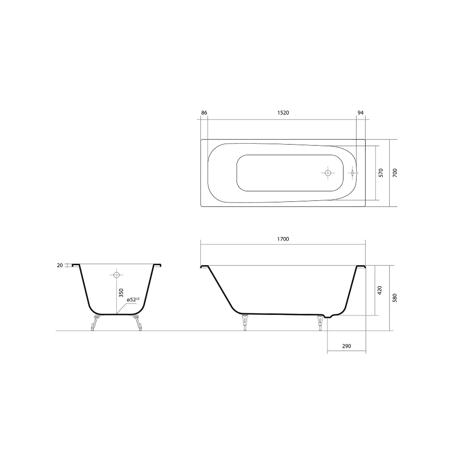Ванна чугунная эмалированная Aquatek сигма в комплекте с 4-мя ножками AQ8850F-00 170х70 см