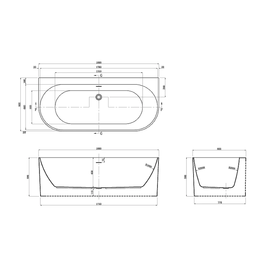 Ванна акриловая Azario Bradford пристенная в комплекте с сифоном и металлической рамой BRA18080 180х80х58 см