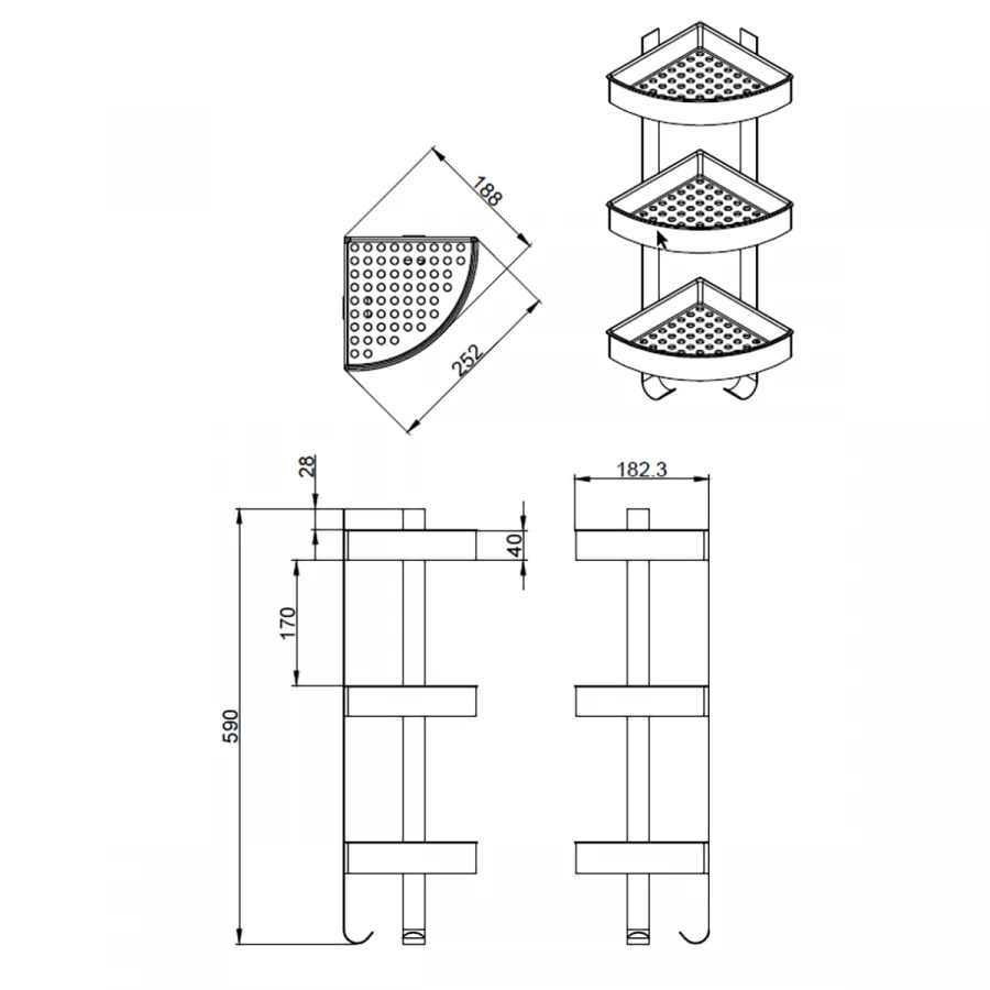 Полка угловая Azario трехэтажная хром матовый AZ-833-3