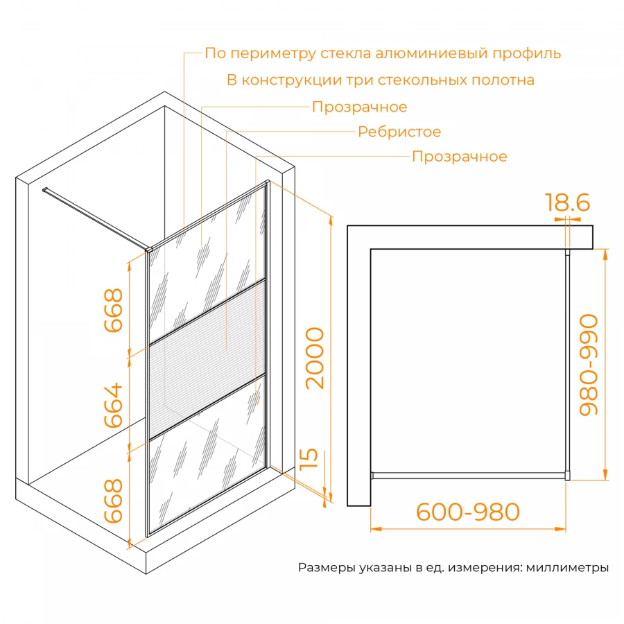 Душевая перегородка RGW WA-09B Ribbed Line 06100910-224 100 см
