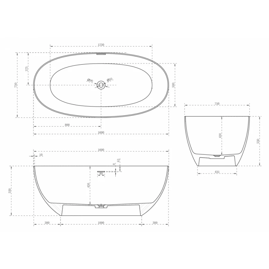 Ванна из искусственного камня Abber Stein белая матовая AS9624-1.6 160х75 см