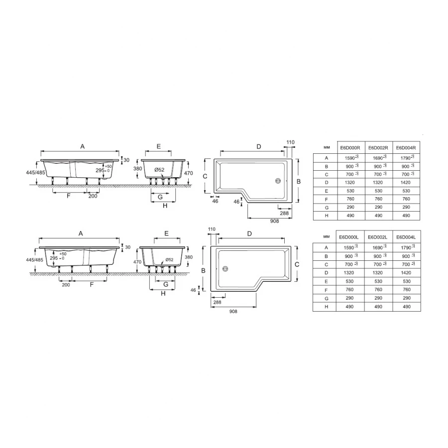 Акриловая ванна Jacob Delafon Bain Douche Neo R E6D004R-00 180x90