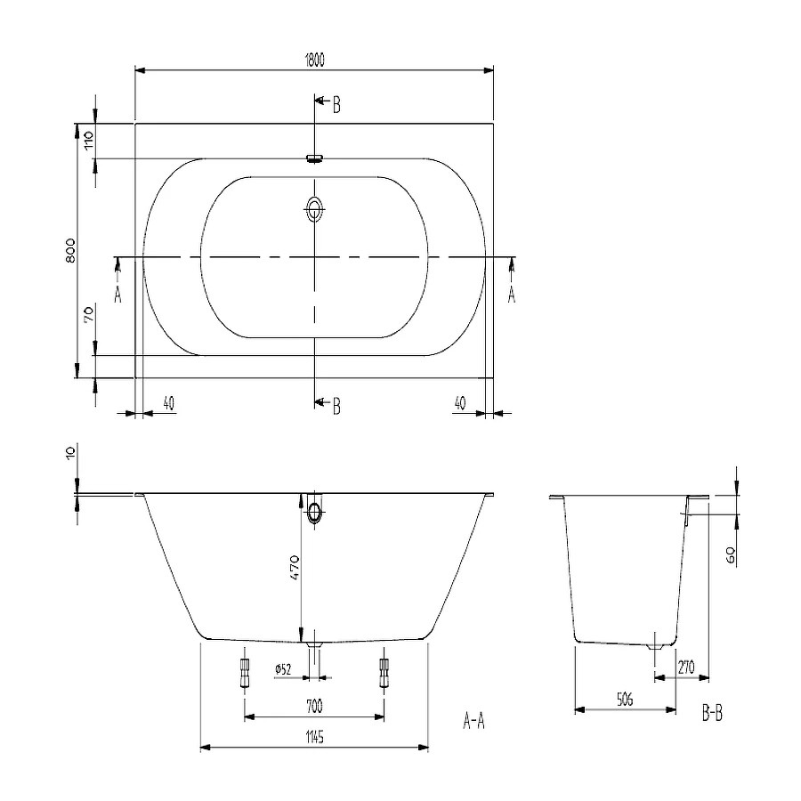 Ванна Villeroy&Boch Oberon 2.0 с ножками материал кварил Quaryl® слив перелив ножки UBQ180OBR2DV-01 180x80 см