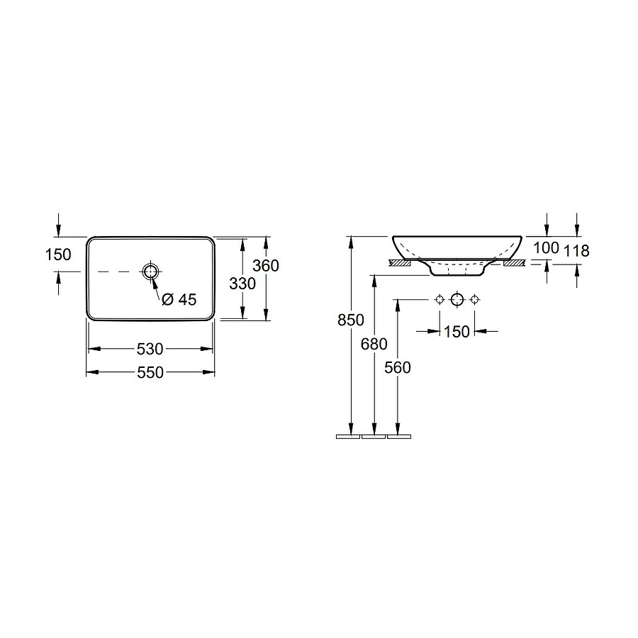 Раковина Villeroy&Boch Venticello полувстраиваемая накладная с переливом не шлиф Альпийский белый 41135501 55х36 см