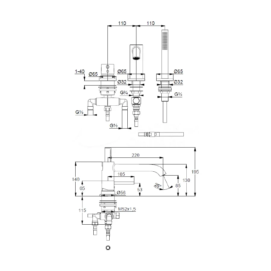 Смеситель на борт ванны Kludi Bozz на 3 отверстия хром 384480576