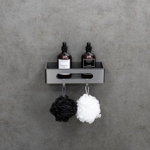 Полка для душа Lemark Shelf Line прямая с крючками графит вставка пластик графит 9776045