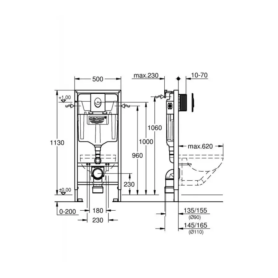 Инсталляция для подвесного унитаза Grohe Rapid SL 3 в 1 с кнопкой смыва Skate Air 38721001