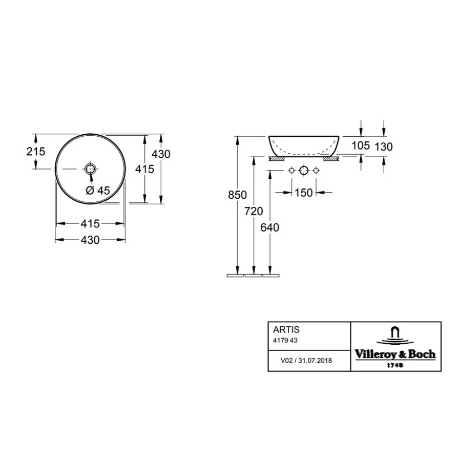 Раковина накладная Villeroy&Boch Artis без перелива не шлиф Альпийский белый 41794301 43х43 см
