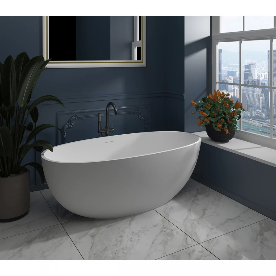 Ванна из искусственного камня Azario Charters свободностоящая белая матовая с белым матовым донным клапаном CHA17079S 170х79х58 см
