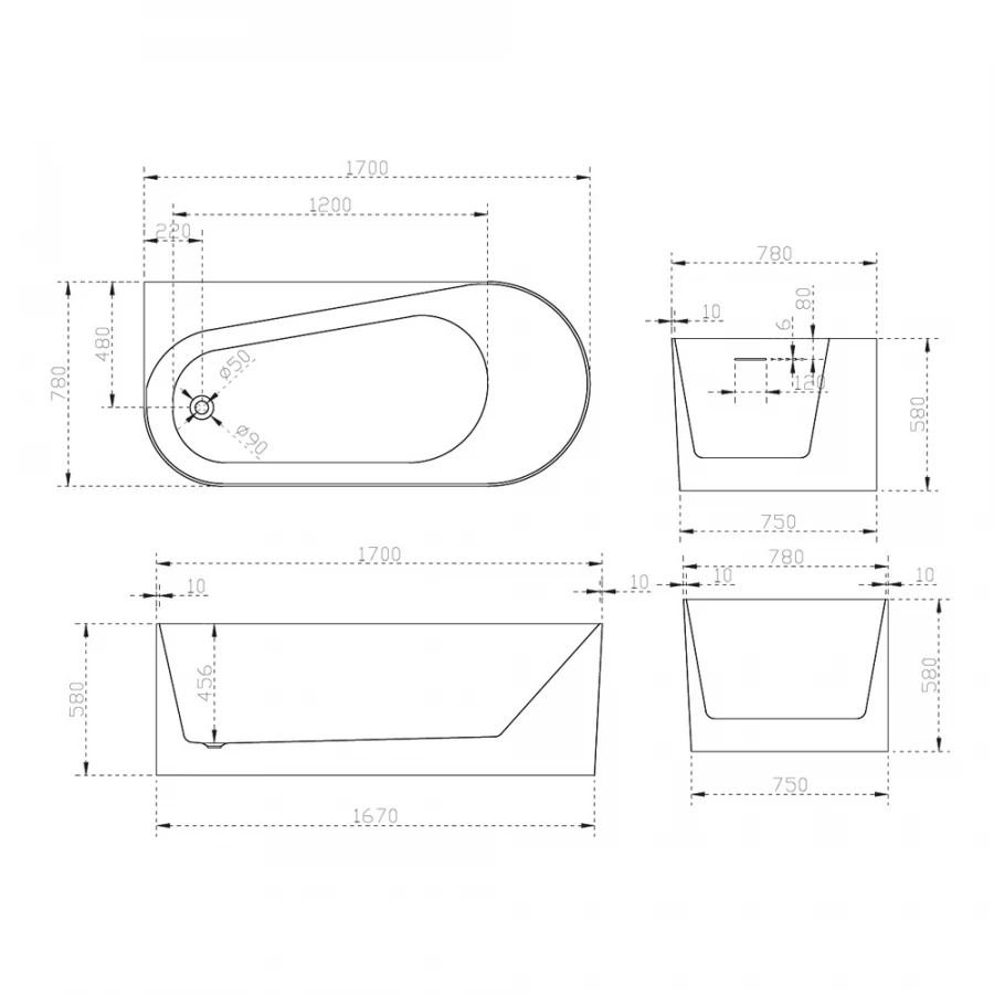 Акриловая ванна Abber AB9496-1.7 L 170х78 см