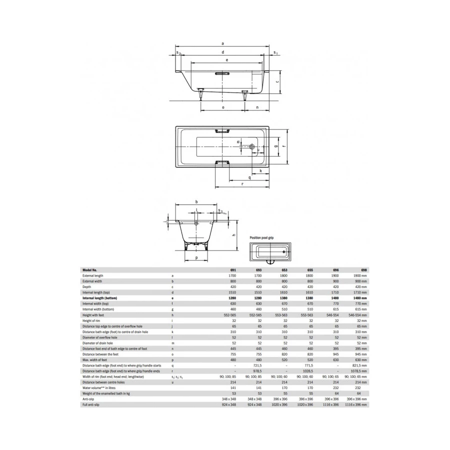 Ванна стальная Kaldewei Puro с покрытием AntiSlip и EasyClean 259130003001 170х80 см