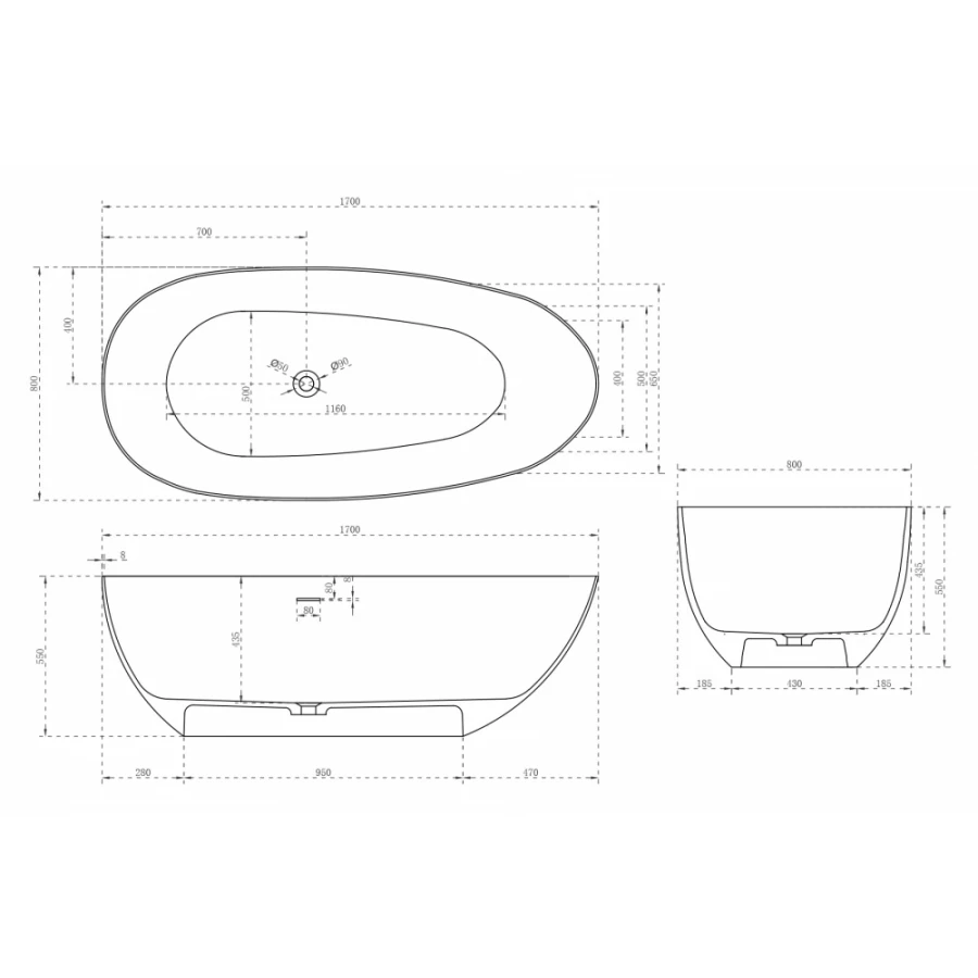 Ванна из искусственного камня Abber Stein белая матовая AS9611-1.7 170х80 см