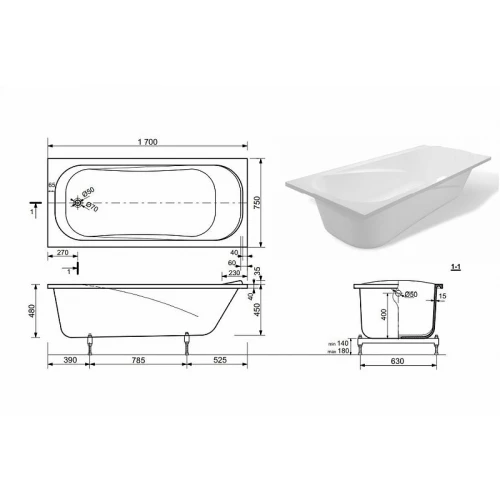 Ванна из литьевого мрамора Creto Nova белая 23-1113 170х75 см
