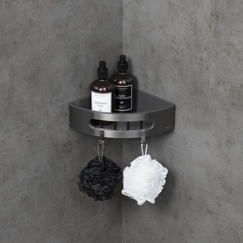 Полка для душа Lemark Shelf Line угловая с крючками графит вставка пластик графит 9776048