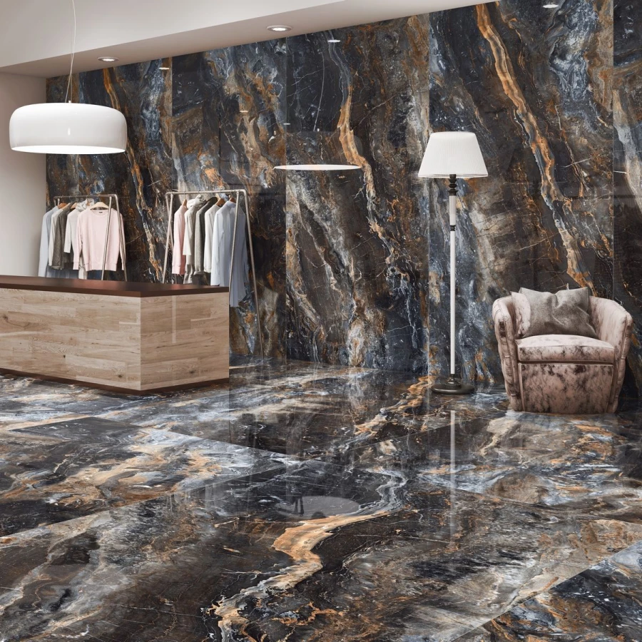 Керамогранит Neodom Titanium Lawa Nero Polished глянцевый черный N20340 280х120 см