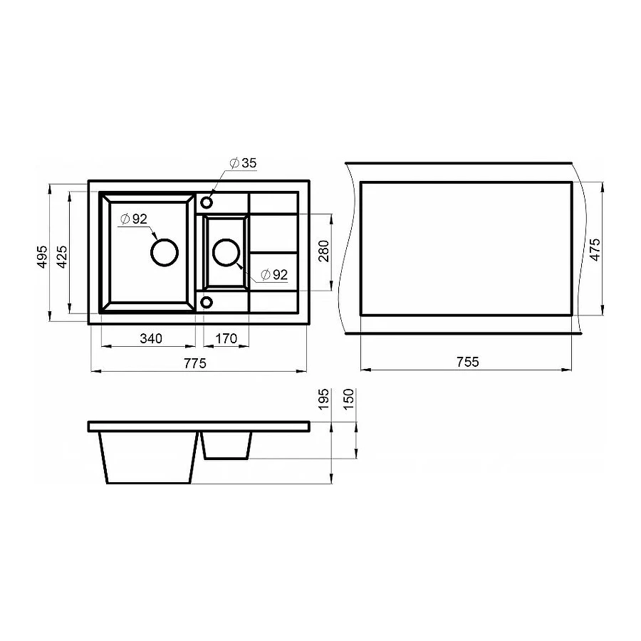 Кухонная мойка Granula 7802, ГРАФИТ 77,5х49,5 см