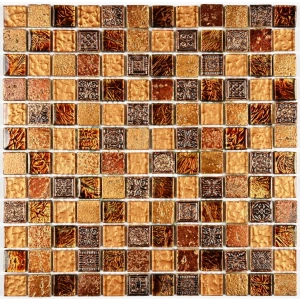 Мозаика Bonaparte Стеклянная с камнем Antik-2 23×23 фольгированная глянцевая коричнево-золотая 30х30 см