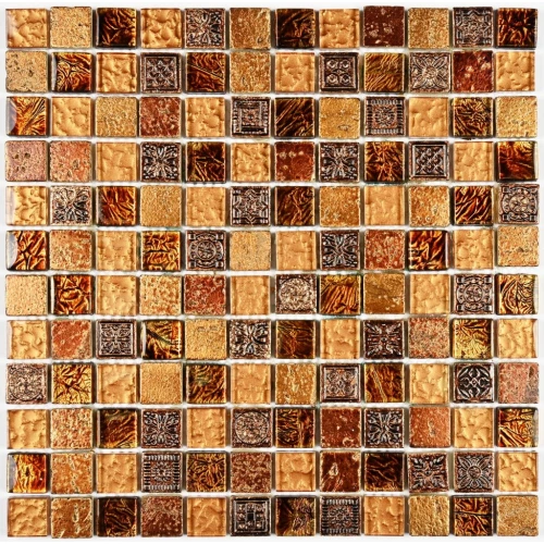 Мозаика Bonaparte Стеклянная с камнем Antik-2 23×23 фольгированная глянцевая коричнево-золотая 30х30 см