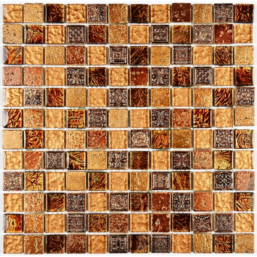 Мозаика Bonaparte Стеклянная с камнем Antik-2 23×23 фольгированная глянцевая коричнево-золотая 30х30 см
