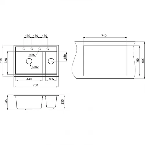 Кухонная мойка Granula Kitchen Space 7302, АРКТИК 73х51 см