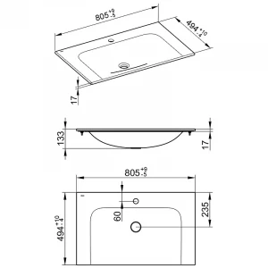 Керамический умывальник Keuco Plan 1 отверстие под смеситель без перелива со сливом переливом Clou белый Clean Plus 32960318001 805x133x494 mm