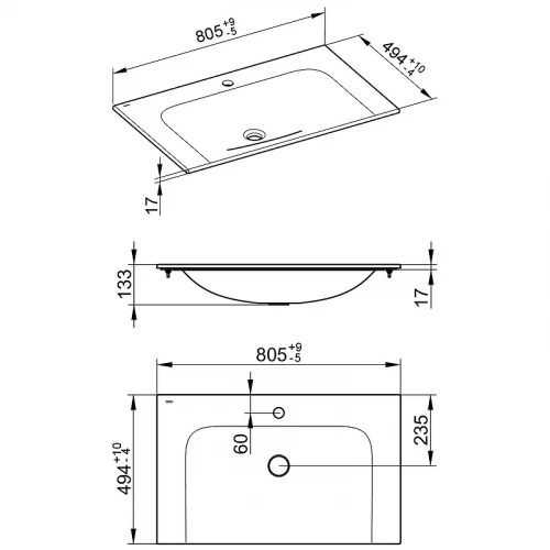 Керамический умывальник Keuco Plan 1 отверстие под смеситель без перелива со сливом переливом Clou белый Clean Plus 32960318001 805x133x494 mm