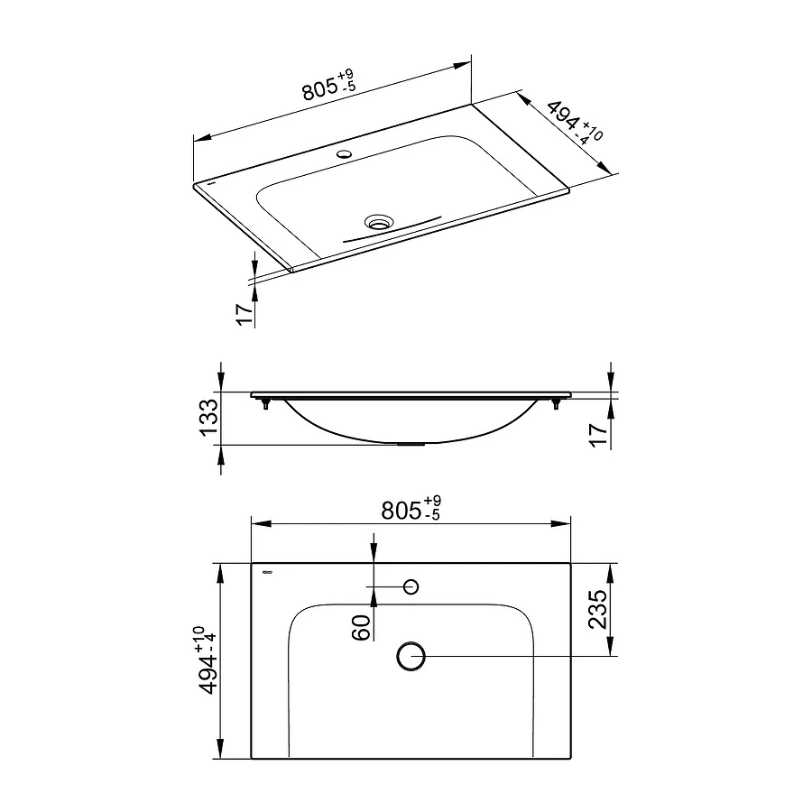 Керамический умывальник Keuco Plan 1 отверстие под смеситель без перелива со сливом переливом Clou белый Clean Plus 32960318001 805x133x494 mm