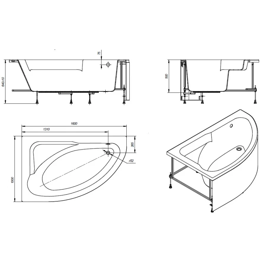 Ванна акриловая Roca Welna асимметричная правосторонняя белая 7.2486.4.300.0 160х100 см
