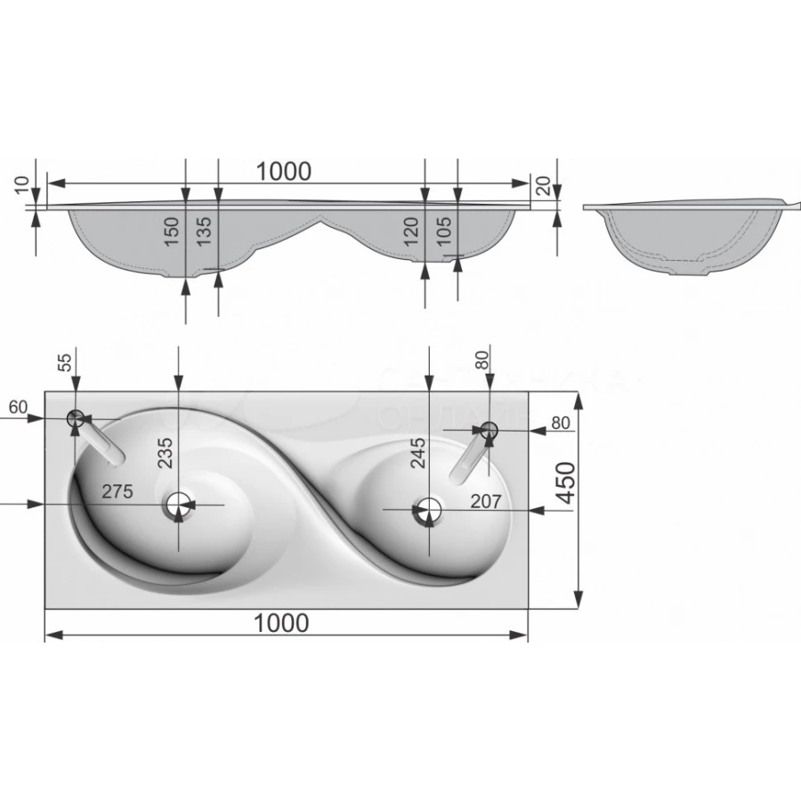 Раковина Raval Hotte Ott.08.100/W 100х45 см