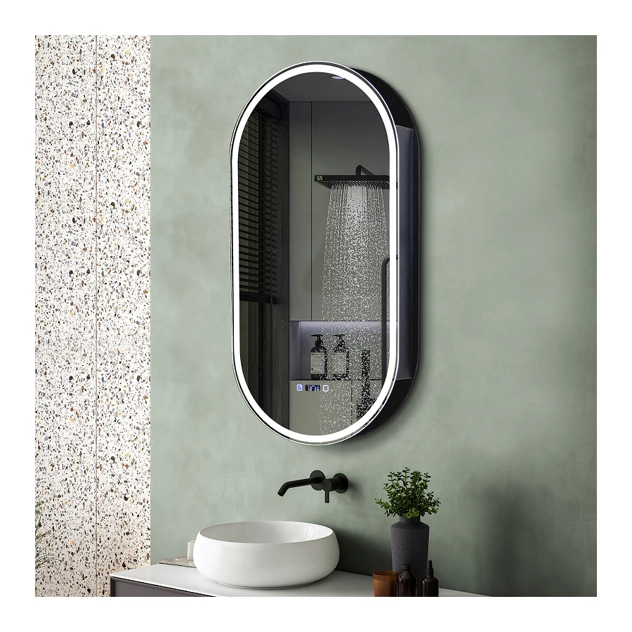 Зеркальный шкаф Abber Kontur с подсветкой сенсорный выключатель диммер часы подогрев черный AG6339SWHB