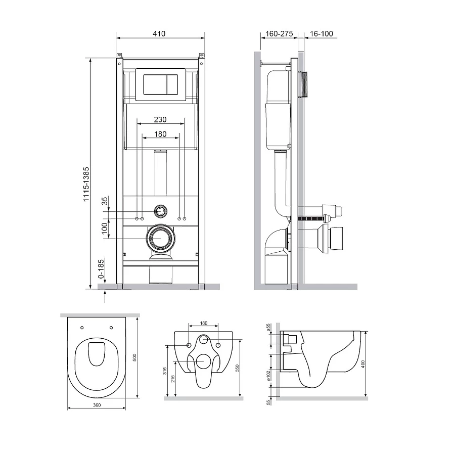 Инсталляция с подвесным унитазом безободковым Damixa Scandinavian Pure с сиденьем микролифт и клавишей DX36.IS10151.1701